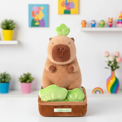 Plush toy resembling a capybara with green accents on a white background