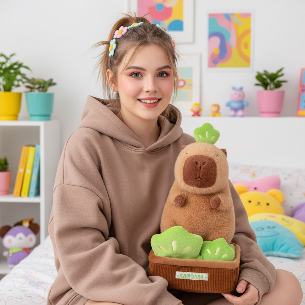 Person holding a plush toy resembling a capybara in a room with colorful decor