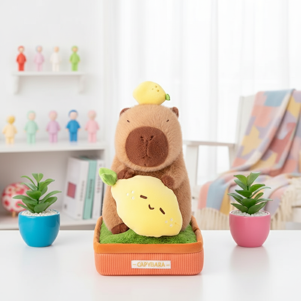 Plush toy with a capybara and lemon design on a stand, surrounded by small plants and a colorful blanket.