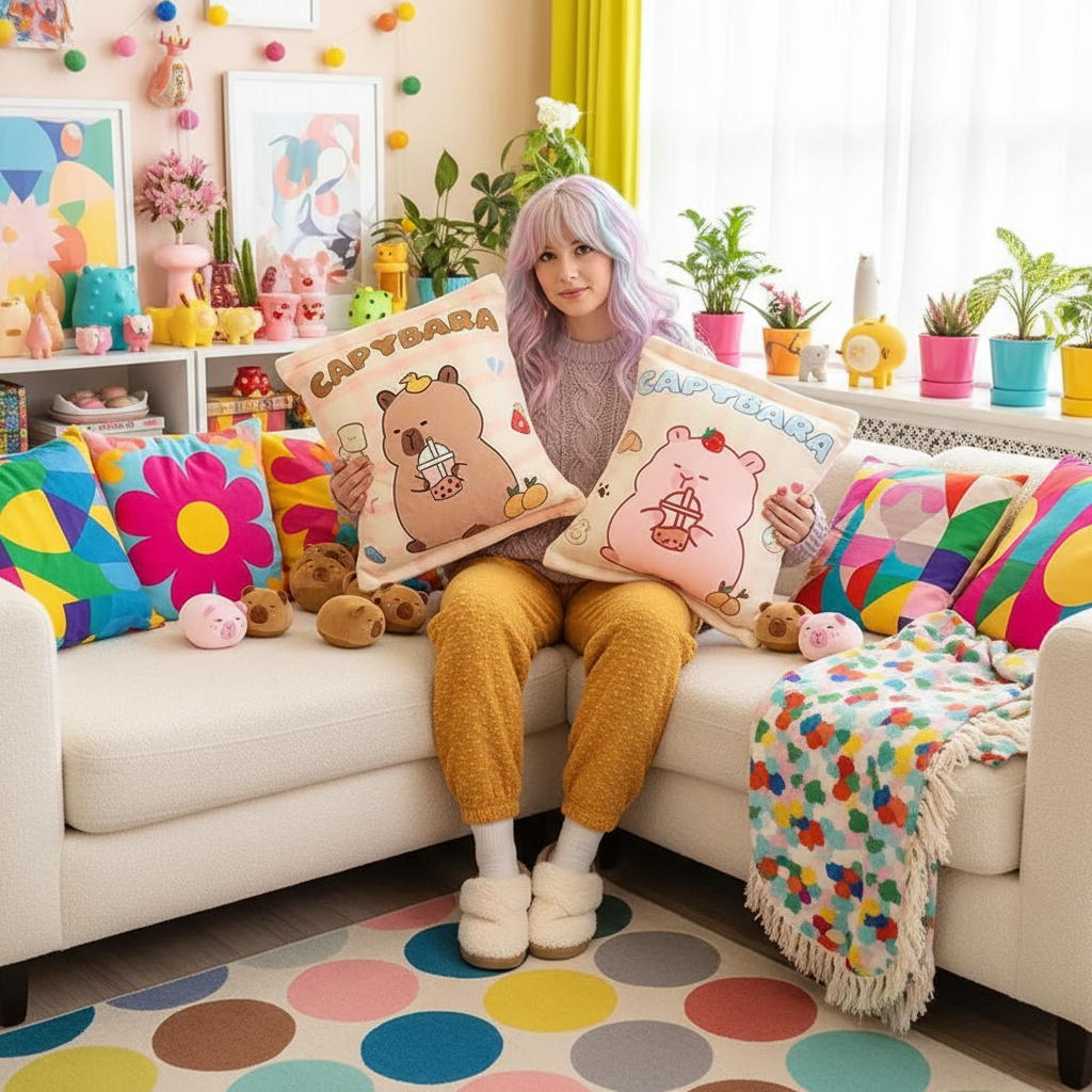 Person sitting on a couch holding capybara cartoon-themed plushies in a colorful living room.