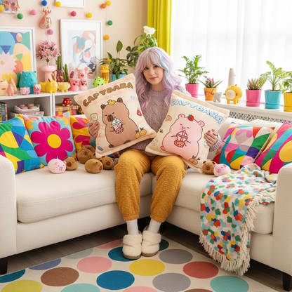 Person sitting on a couch holding capybara cartoon-themed plushies in a colorful living room.