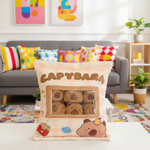 Capybara-themed pillow with cartoon design in a living room setting