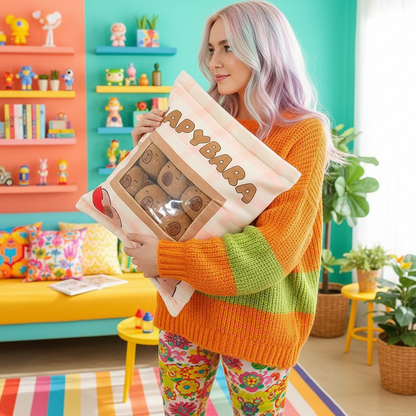 Person holding a capybara plushie bag in a colorful room with shelves and plants.