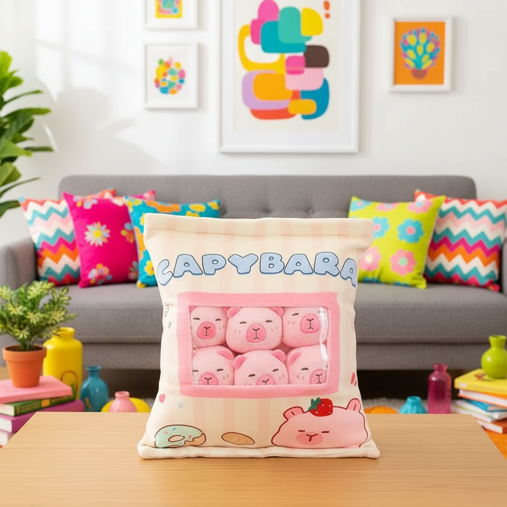 Capybara-themed plushie on a table with a colorful couch and artwork in the background