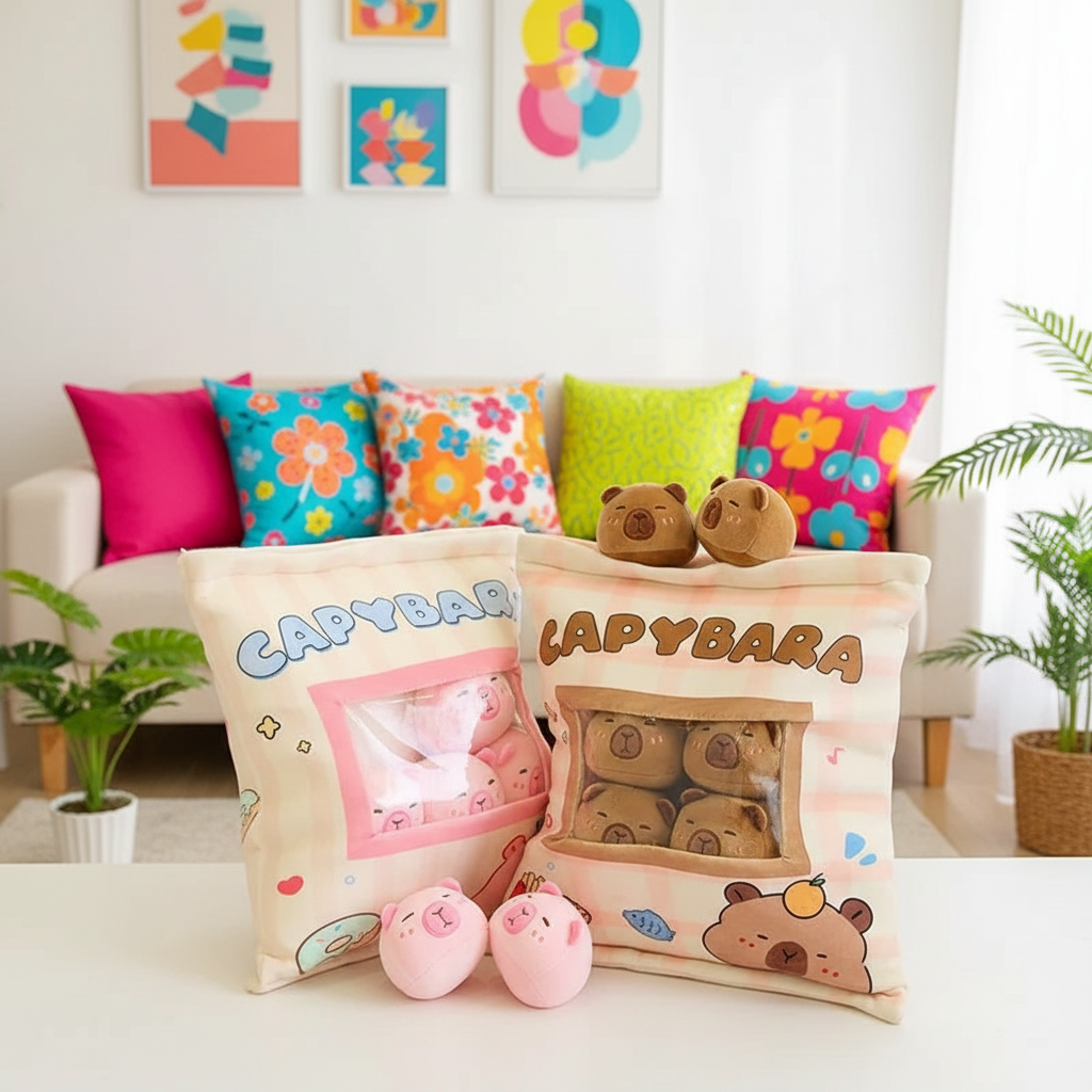 Capybara-themed plush toys and pillows in a living room setting