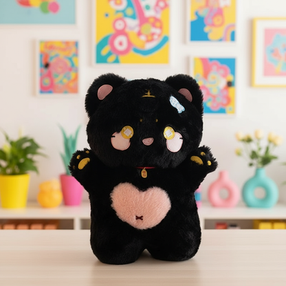 Black cat plush toy with pink heart on a table with colorful background