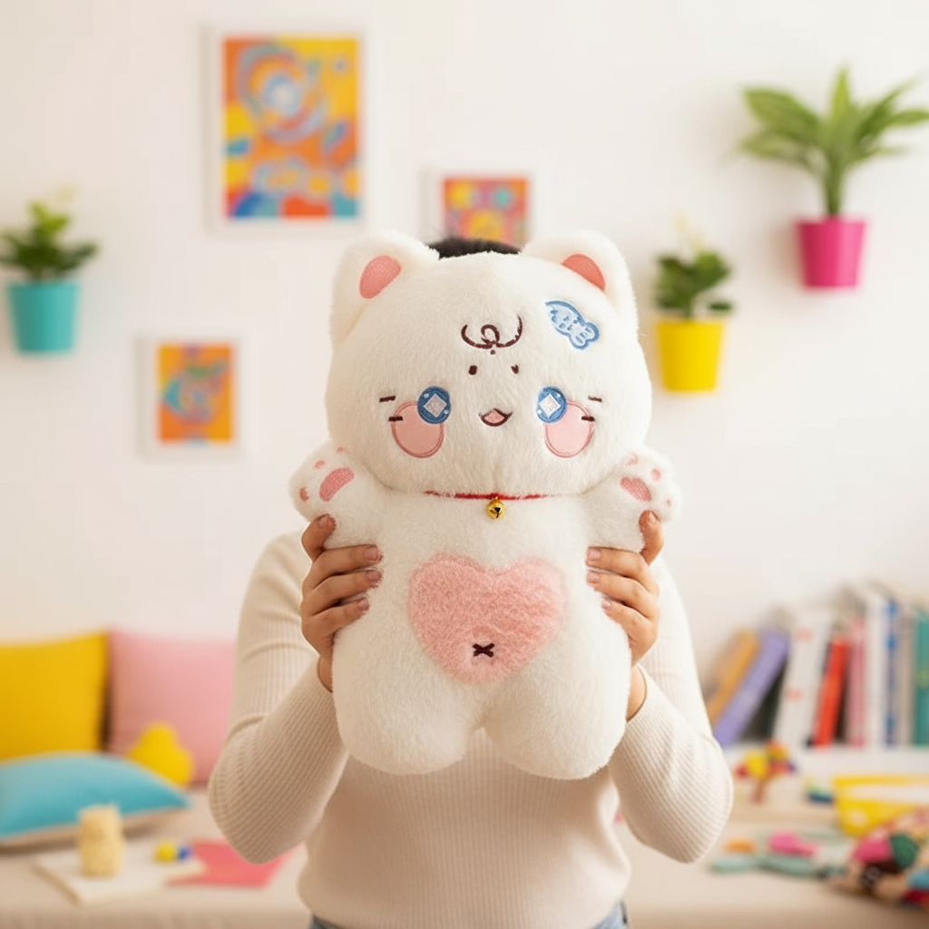 Person holding a plush cat with a heart on a colorful background