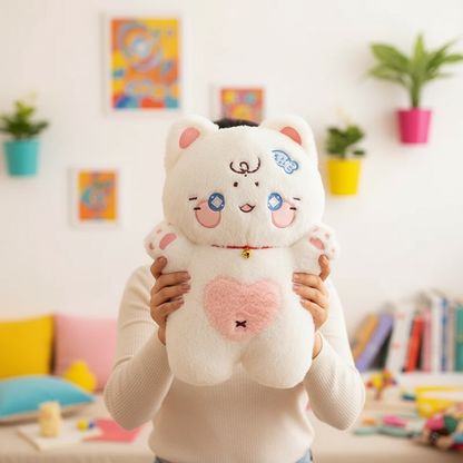 Person holding a plush cat with a heart on a colorful background