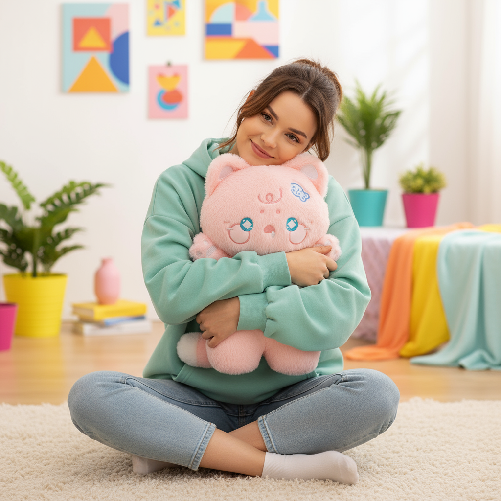 Person holding a pink plush toy in a colorful room with plants and furniture.