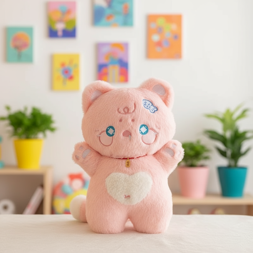 Pink cat plush toy with a heart on a light surface with a colorful background