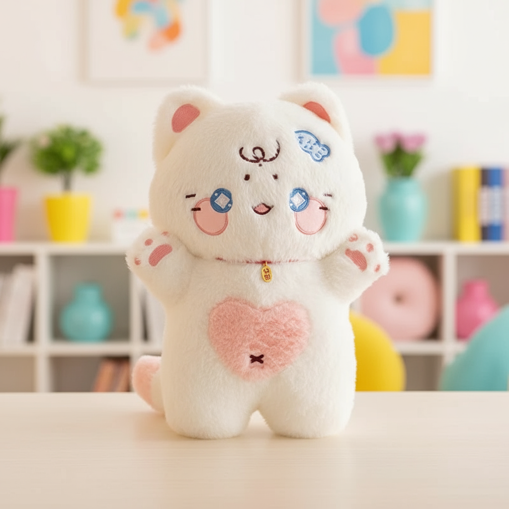 Cute cat plush toy with a heart on a colorful background