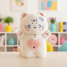 Cute cat plush toy with a heart on a colorful background