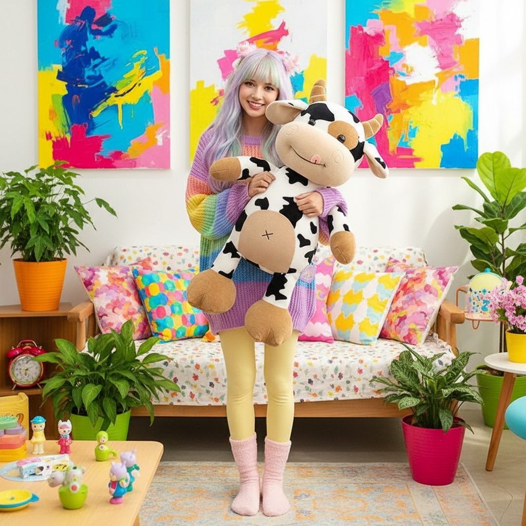 Person holding a large cow plush toy in a colorful living room.