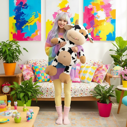 Person holding a large cow plush toy in a colorful living room.