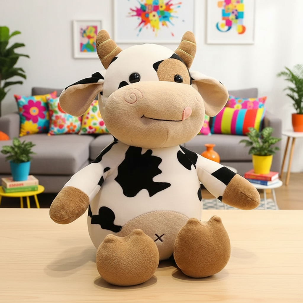 Plush cow toy on a wooden table with a colorful living room background