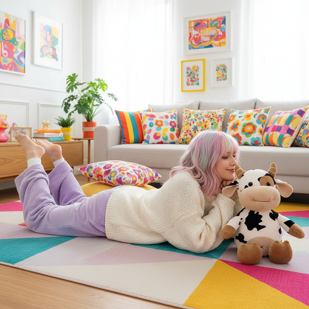 Woman lying on a colorful rug with a cow plush toy in a room with a couch and decorative pillows.