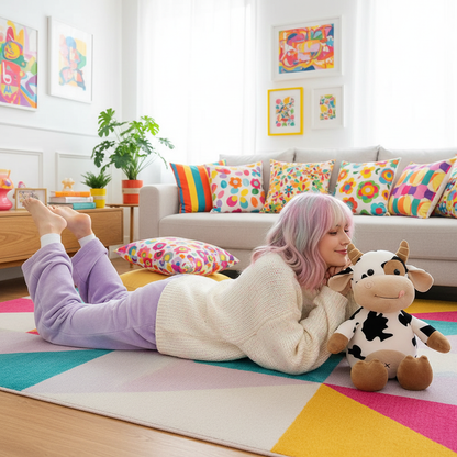 Woman lying on a colorful rug with a cow plush toy in a room with a couch and decorative pillows.