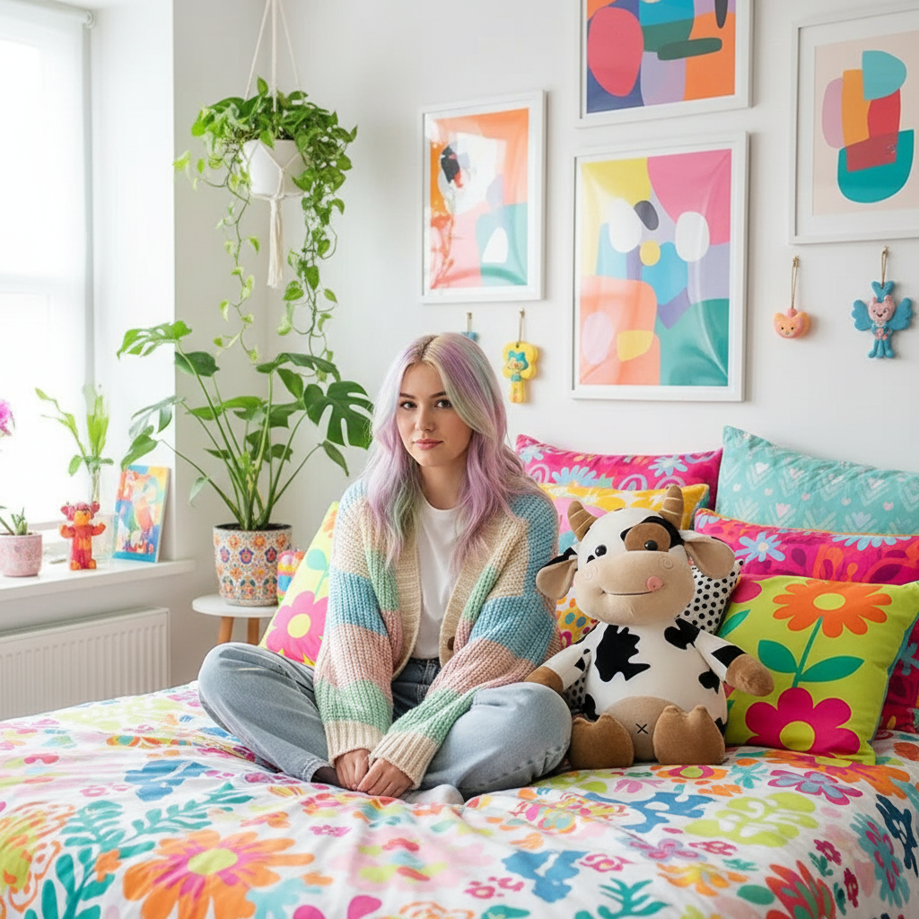 Person with pastel hair sitting on a bed with colorful bedding and pillows, surrounded by plants and artwork.