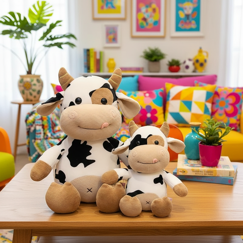 Two cow plush toys on a wooden table with a colorful living room background.
