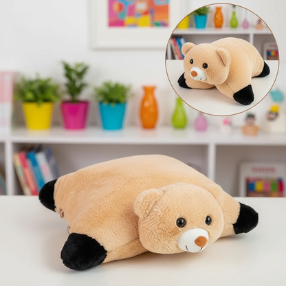Plush bear toy on a white surface with a colorful background