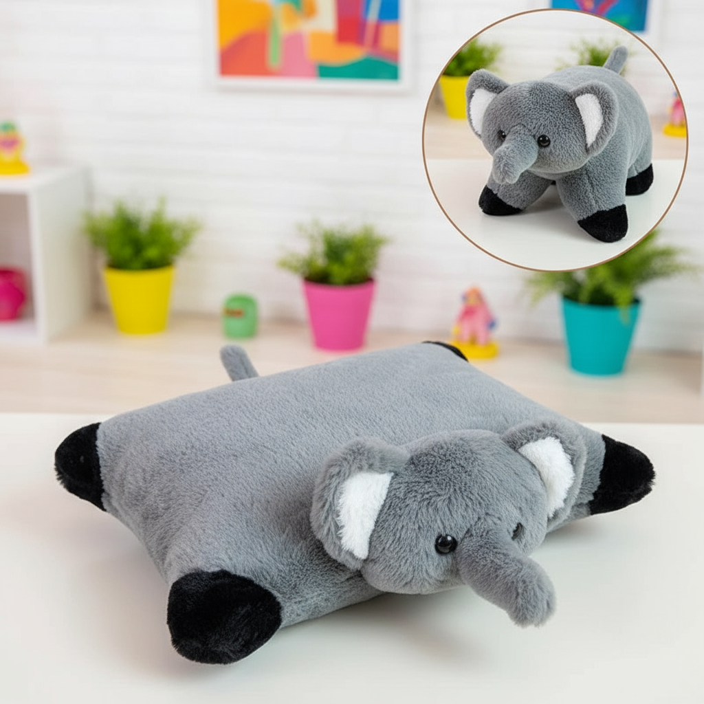 Gray elephant-shaped pillow on a white surface with a small inset showing the elephant toy.