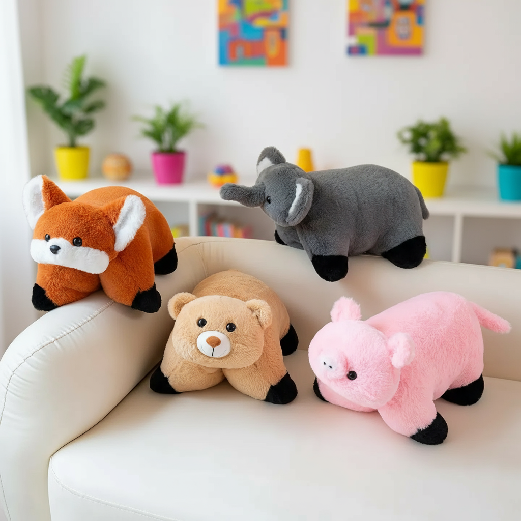 Four plush toys (fox, bear, elephant, pig) on a white couch with a colorful room background.