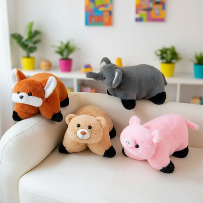 Four plush toys (fox, bear, elephant, pig) on a white couch with a colorful room background.