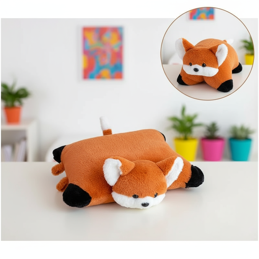 Fox-shaped pillow on a white surface with a blurred background