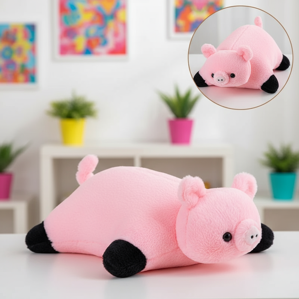 Pink plush pig toy on a white surface with a colorful background