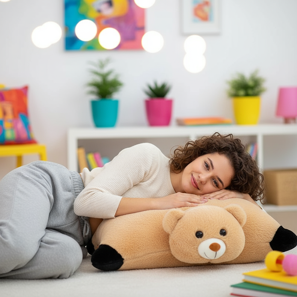 Woman lying on a floor with a teddy bear-shaped pillow in a colorful room.