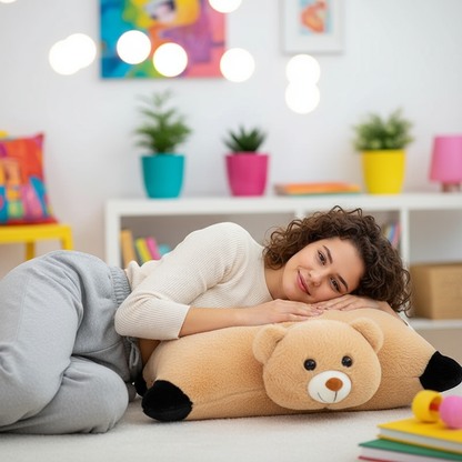 Woman lying on a floor with a teddy bear-shaped pillow in a colorful room.