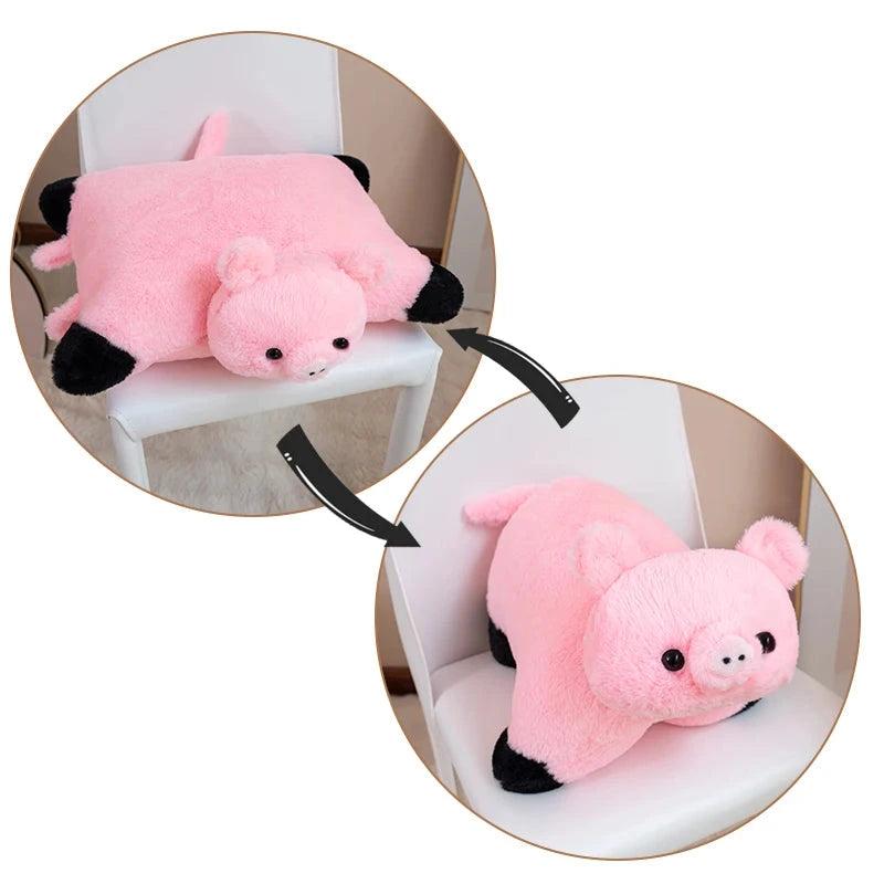Pink plush pig toy on a white chair with a close-up inset.