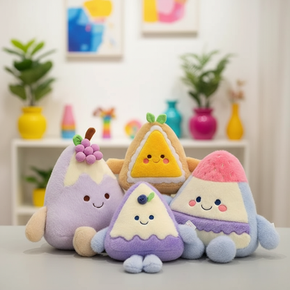 Four colorful plush toys shaped like cake slices with smiling faces on a light surface.