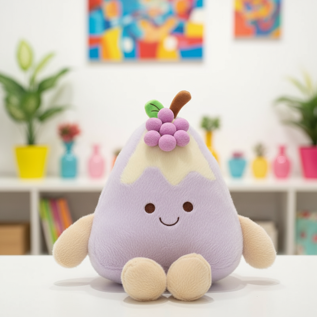 Plush toy resembling a purple fruit with a smiling face on a white surface, colorful background