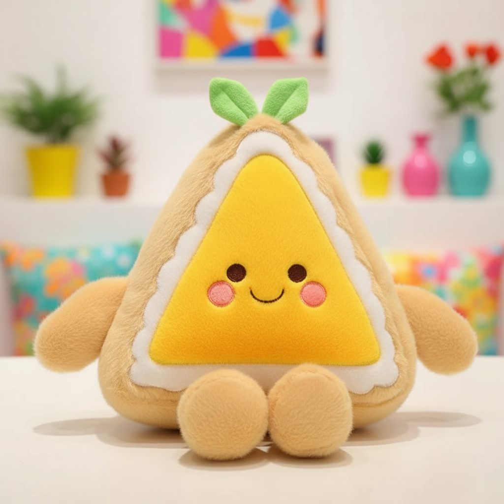 Plush toy shaped like a triangular fruit with a smiling face on a colorful background