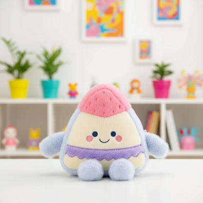 Plush toy with a colorful background featuring books and plants