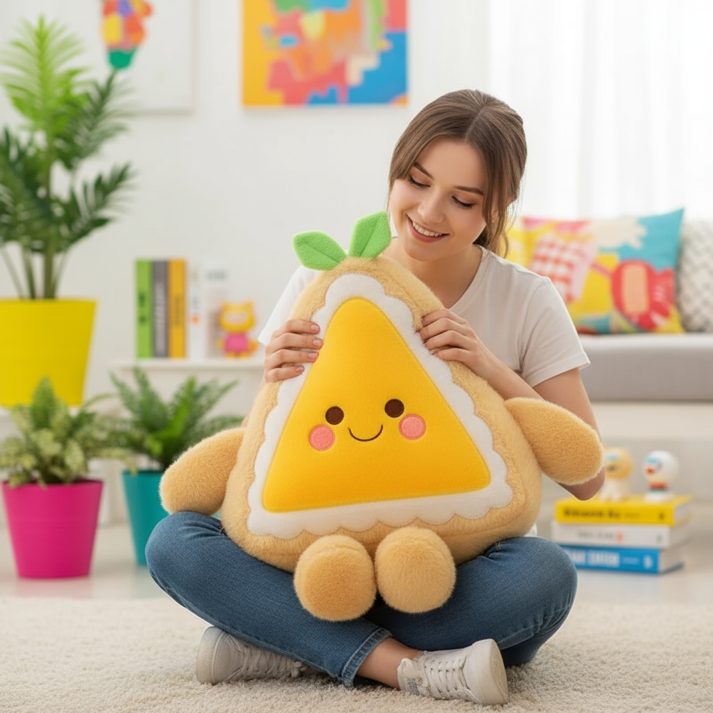 Woman holding a mango cake slice-shaped plush toy in a bright living room.