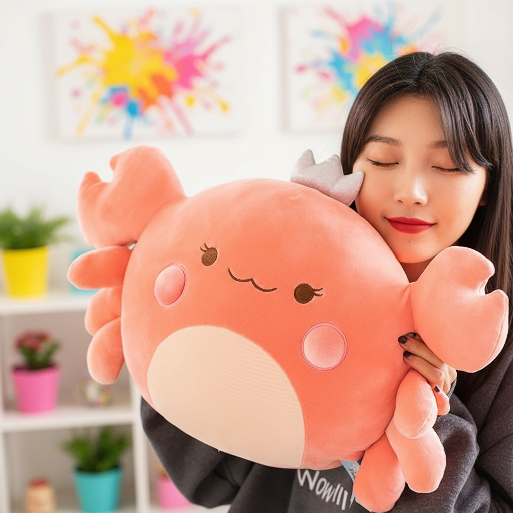 Person holding a large pink plush toy with a smiling face in a room with colorful decorations.