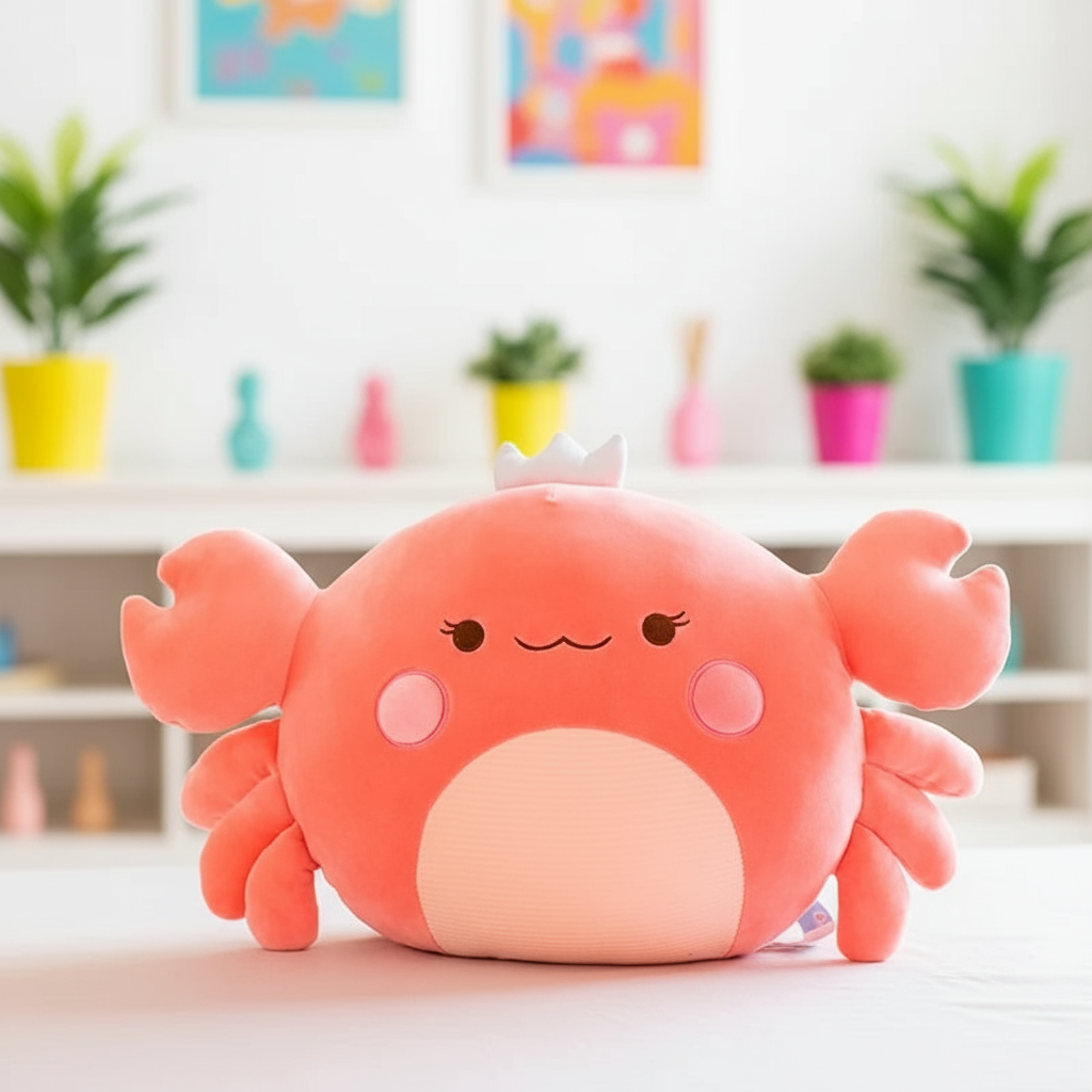 Cute pink crab plush toy on a white surface with a colorful background
