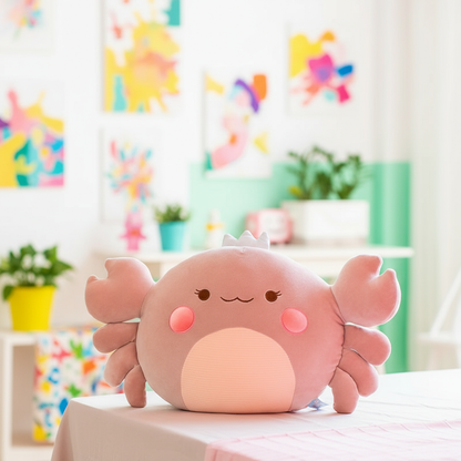 Pink plush crab toy on a table with a colorful abstract painting in the background
