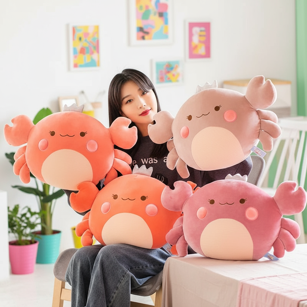 Woman holding four large plush crab toys in a room with colorful decorations.