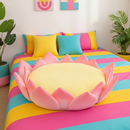 Colorful bedspread with a pink lotus-shaped pillow in a room with plants and wall art.