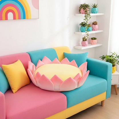 Colorful sofa with decorative a lotus plushie pillow in a bright living room