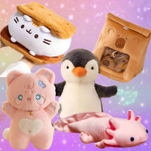 Kawaii Plushie 5-Piece Starter Pack with cat plushie, penguin plush, axolotl plush, capybara plush, and cat nap plushie pillow