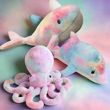 Kawaii rainbow sea friends plush toys – dolphin, whale, octopus plushies with discount sign