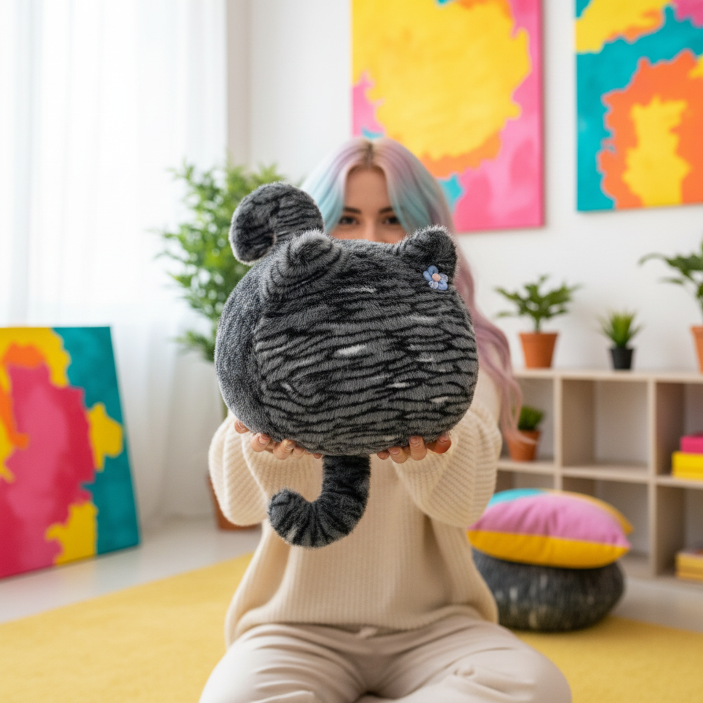 Person holding a plush cat in a colorful room with abstract art on the wall.