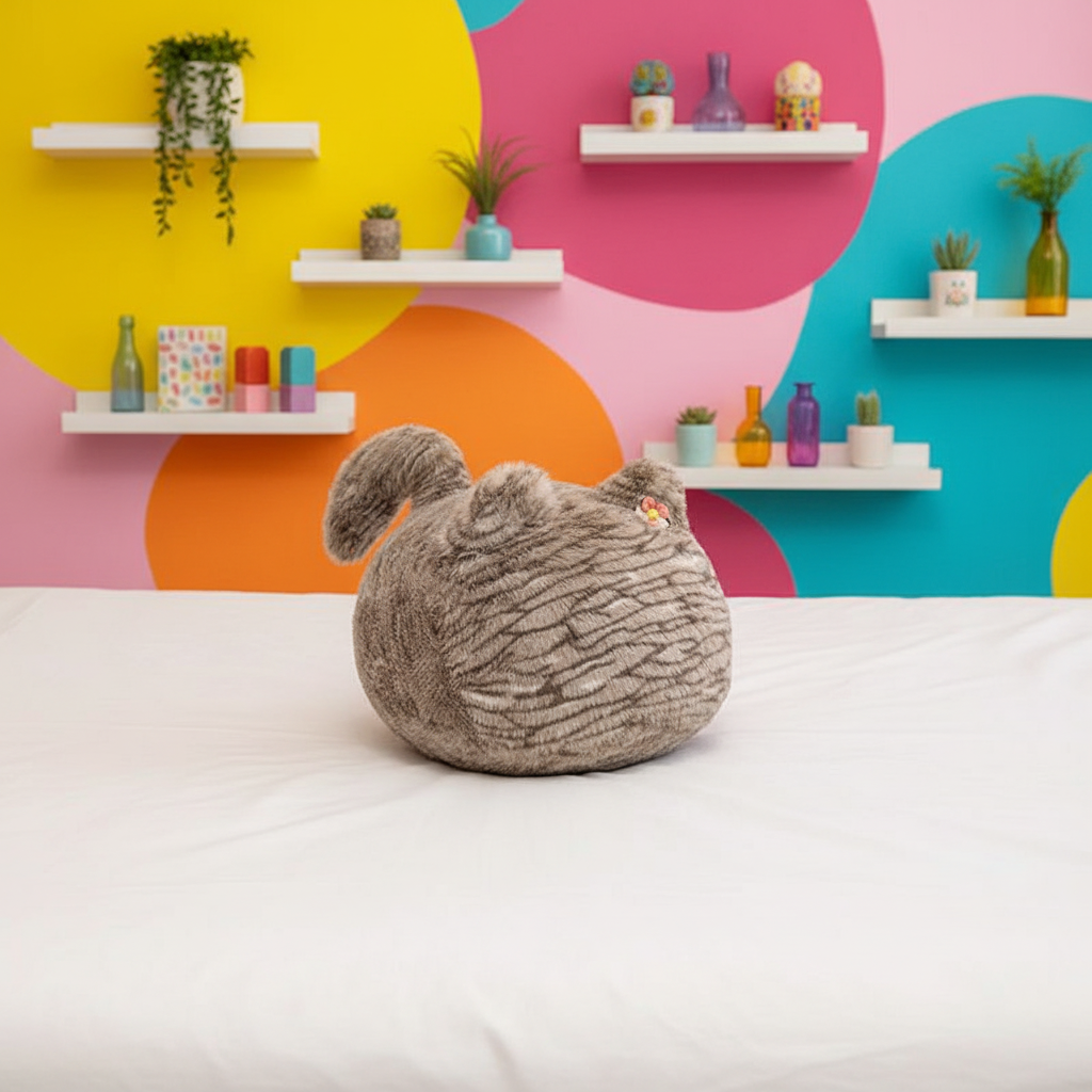 Plush toy resembling a cat on a bed with a colorful abstract wall in the background
