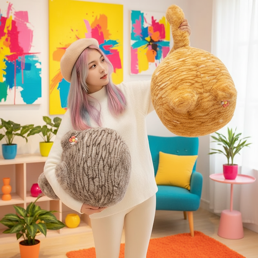 Person holding two plush toys in a colorful room with abstract art and plants.