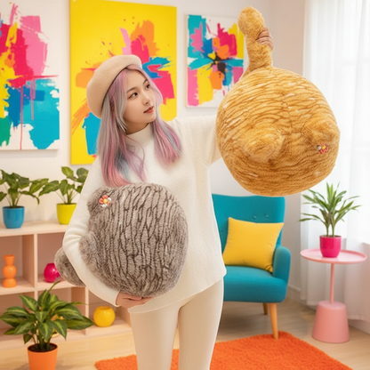 Person holding two plush toys in a colorful room with abstract art and plants.