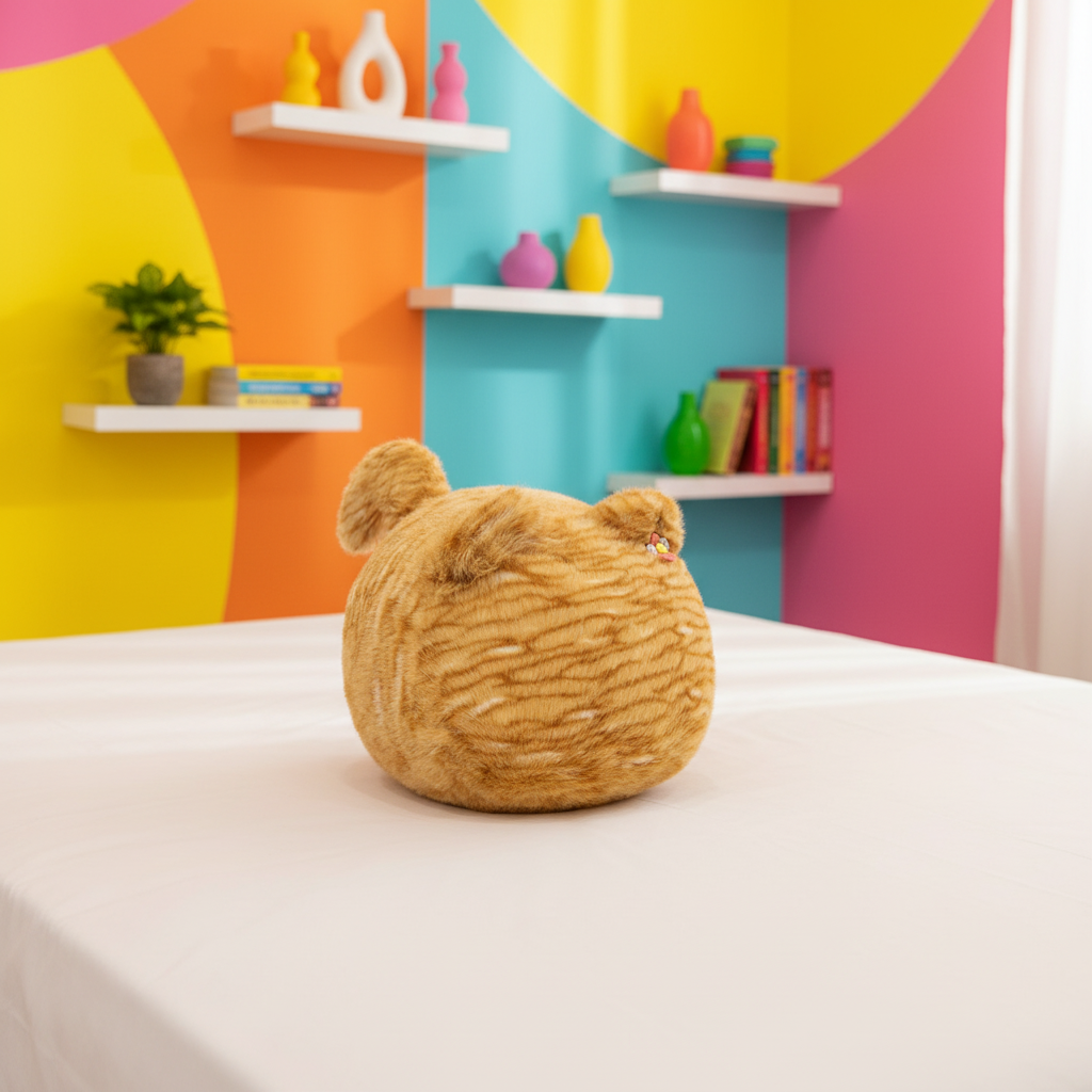 Plush cat on a bed with a colorful wall in the background